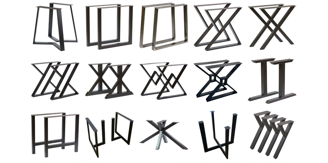Types of table legs and bases available for custom river table